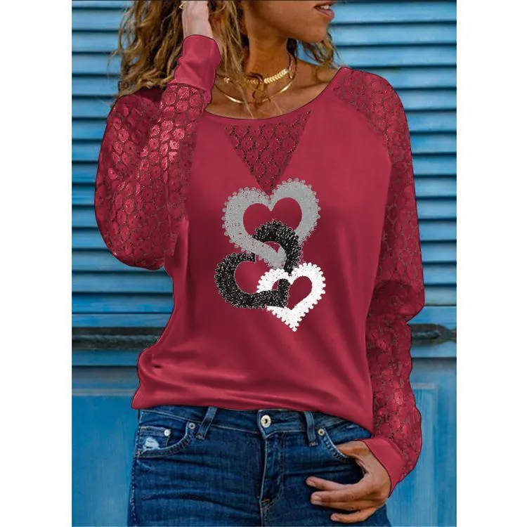 SNAKE YX femmes dentelle à manches longues coeur imprimé ample grande taille t-shirt haut tendance 220728