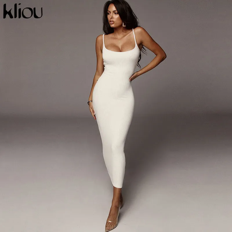 Kliou Strap Backless Sexy Bodycon MIDI Long Robe Femme Femmes hautes Coton Robes rayées Élégantes Vêtements de fête de la mode 220402