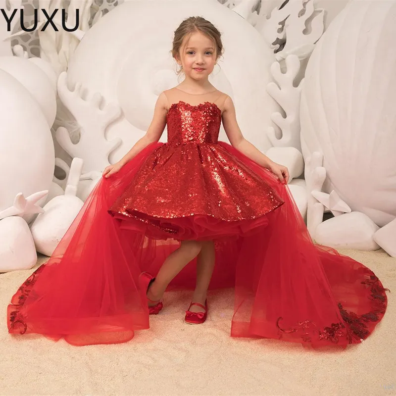 Puffy Flower Girls Dresses 3D Flower sequined Long train Kids toddler Teens Pageant Gowns Birthday Party Dress For Wedding Cooktail Gown