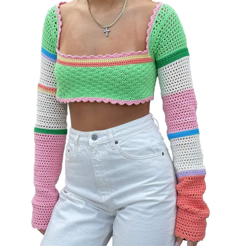 Women Summer Crop Tops Splicing Crochet Square Neck Long Sleeves Knitted T-shirt Tops Streetwear for Girls Green 220525