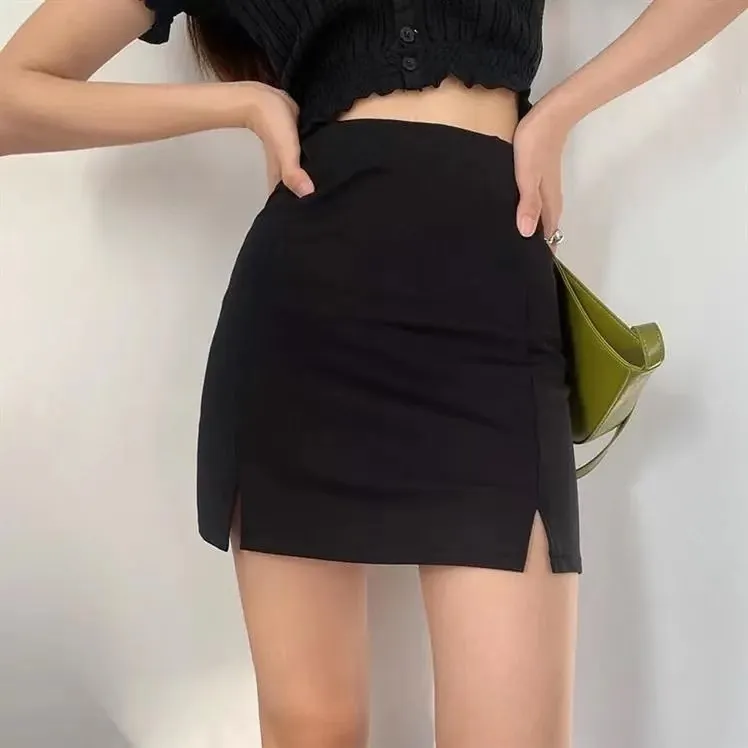 Юбки женщины черные сплит офис дамы с высокой талией Элегантная тонкая мини -юбка Студенческая модная модная 220701