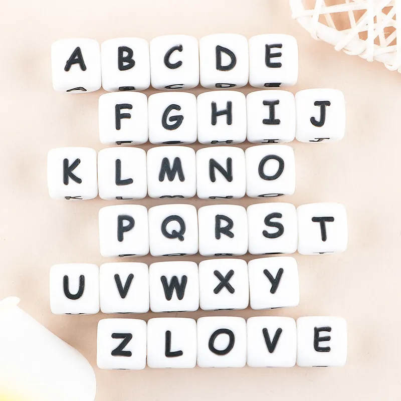 SUNRONY12mm 100st Silicone Letters Pärlor Engelska Alfabetet Baby TEETER för personligt namn DIY PACIFIER CLIP -leksaker 220815