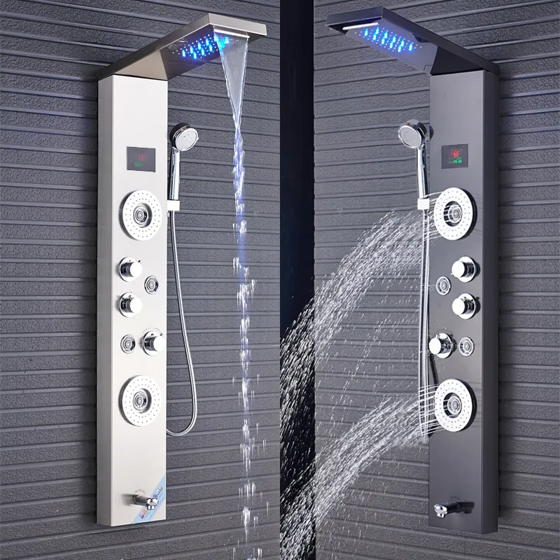 فاخرة جديدة سوداء/حمام دش الحمام الصنبور الصنبور LED لوحة دش عمود خلاط حوض الاستحمام مع شاشة درجة حرارة الدش اليد