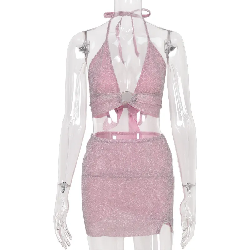 Neonbabipink Grunge Fairy Two Piece Kirt Set Women Goth Pink Glitter Sexig Club Outfits Summer Y2K Matching Set N82BB10 220526