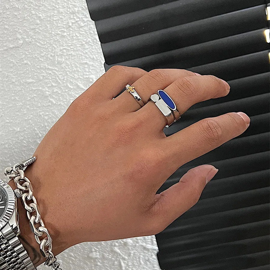 2022ss, синее двухслойное кольцо нерегулярной формы в корейском стиле, мужское холодное, элитное, минималистичное, нишевое ювелирное изделие из титановой стали High Street2456