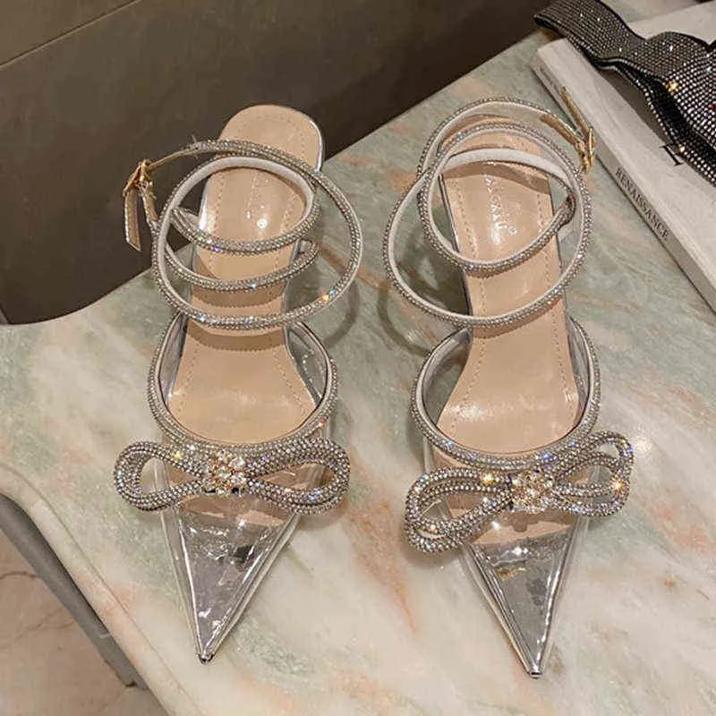 Sexy pontudos de shinestone bombeia feminino tornozelo de cristal Sandals altas sandálias feminino 2022 verão cetim de cetim sapatos de casamento g2205519