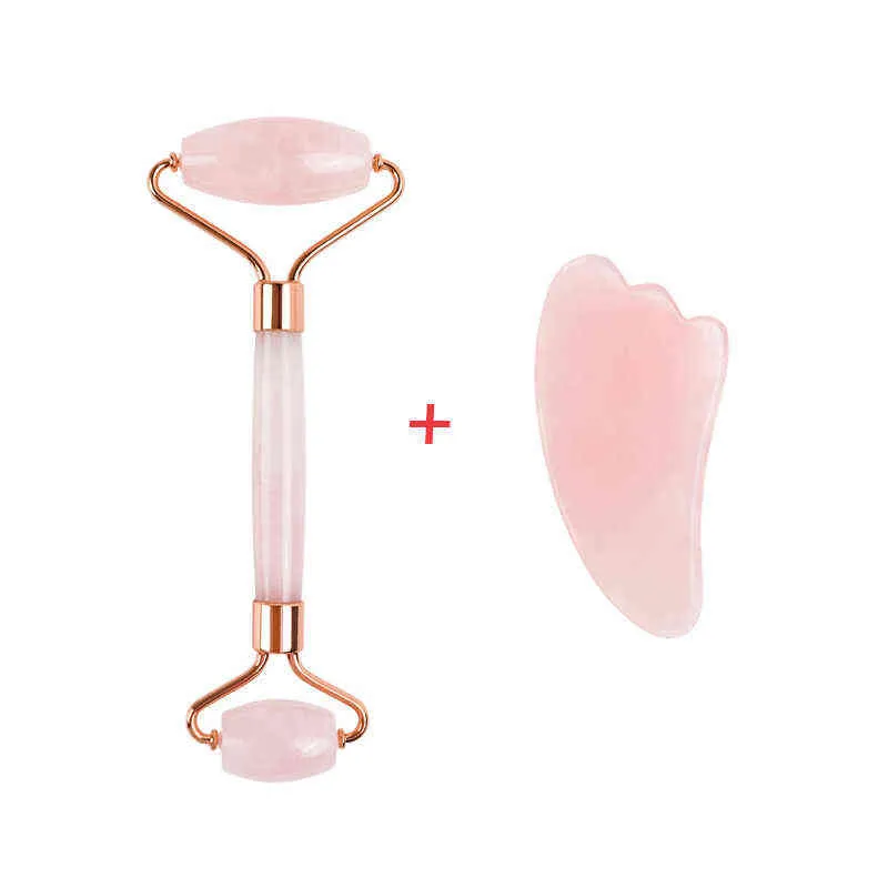 Natural Stone Rose Quartz Facial Roller Gua Sha Scraper Set Face Lift Wrinkle Removal Jade Massager for Back Neck220429