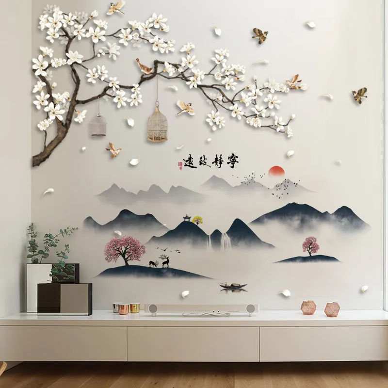 Kinesisk stil stor storlek klistermärken dekor blommor fågel blomma vägg vardagsrum sovrum diy dekoration vinyl 220607