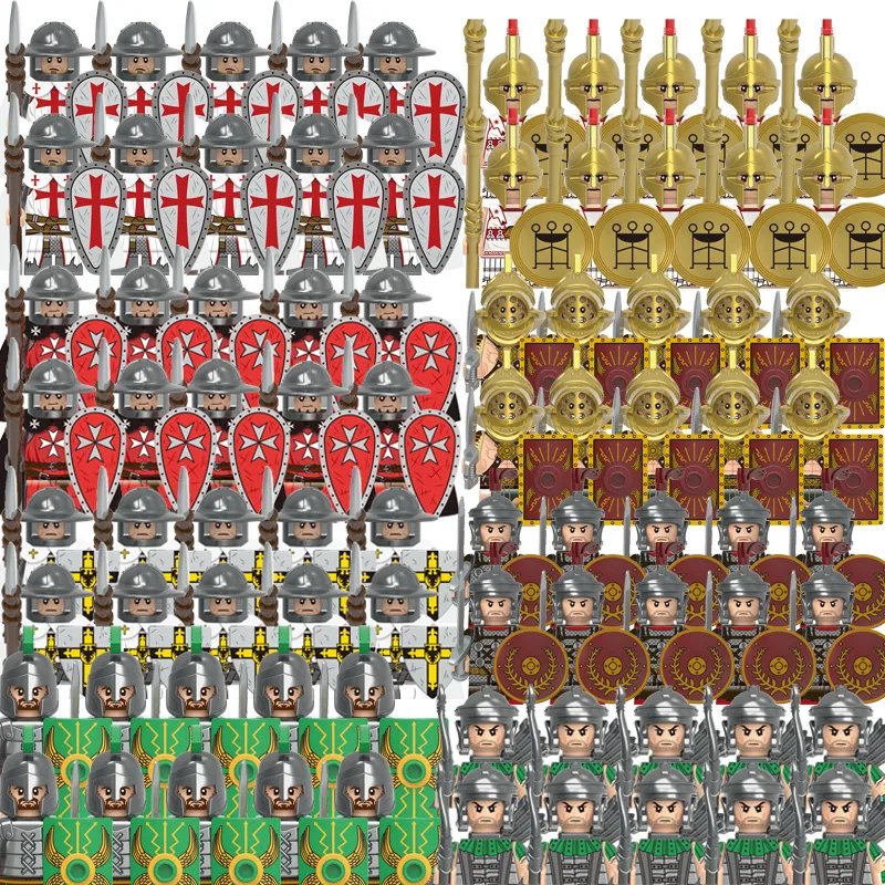 Set militari medievali Figure Blocchi da costruzione Elmetti Parti del soldato Cavaliere Armi Spada romana Accessori Giocattoli bambini 220414