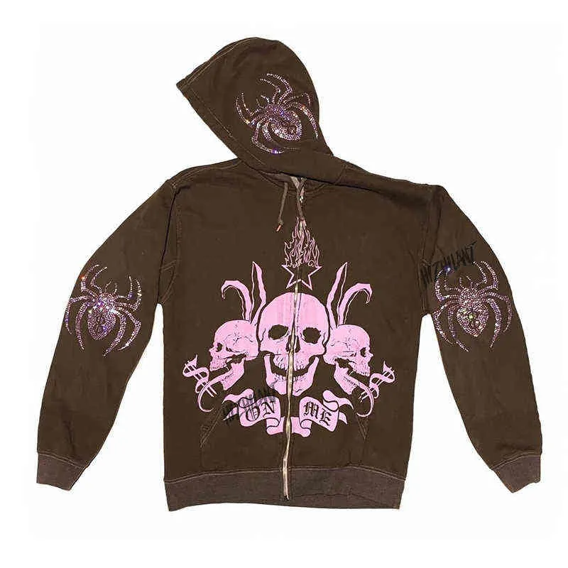 Women Rhinestone Spider Skull print Streetwear Hoodies Women Coat Goth Harajuku Y2k aesthetic Clothes grunge Punk Jacket Zip-up