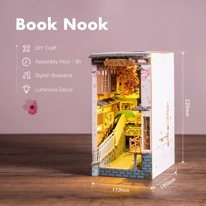 Robotime Rolife Sakura Densya Book Nook DIY DOLLHOED BOOKEND KIT WITH LED LID WOODEN PUZOMGE FOR BOOKENF DECER TGB01 220725