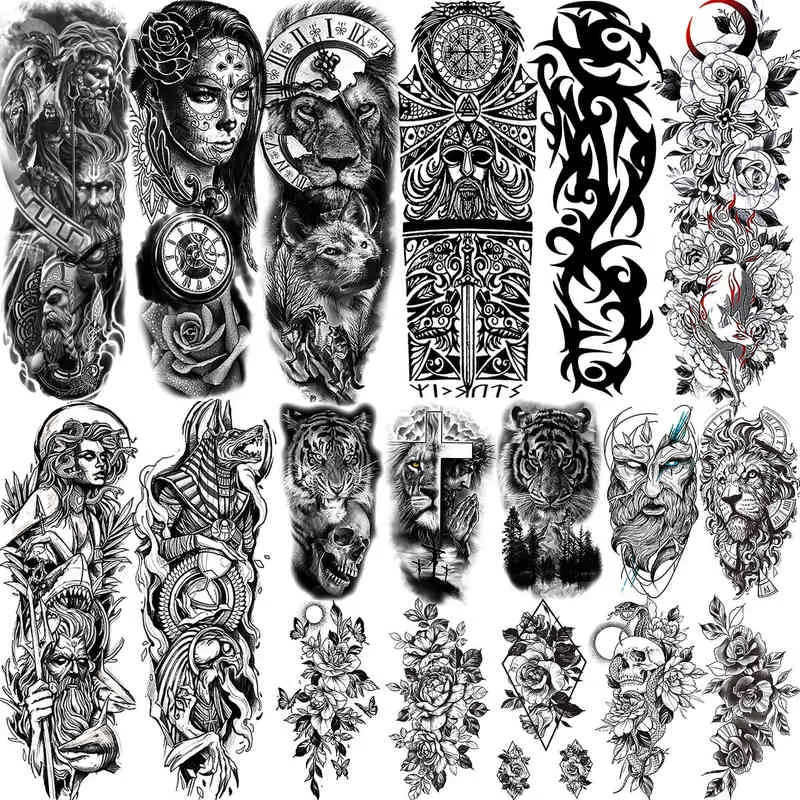 NXY Tatouage temporaire bras complet tatouages manches pour hommes femmes réaliste faux tatouages guerrier Lion tigre fleur Tatoo autocollant noir Totem Maori 0330