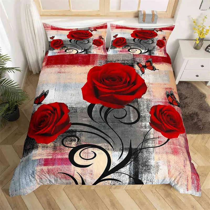 Red Rose Floral Duvet Cover Vintage Wooden Flowers Bedding Set Romantic Comforter Geometric Bedspread Full King Size