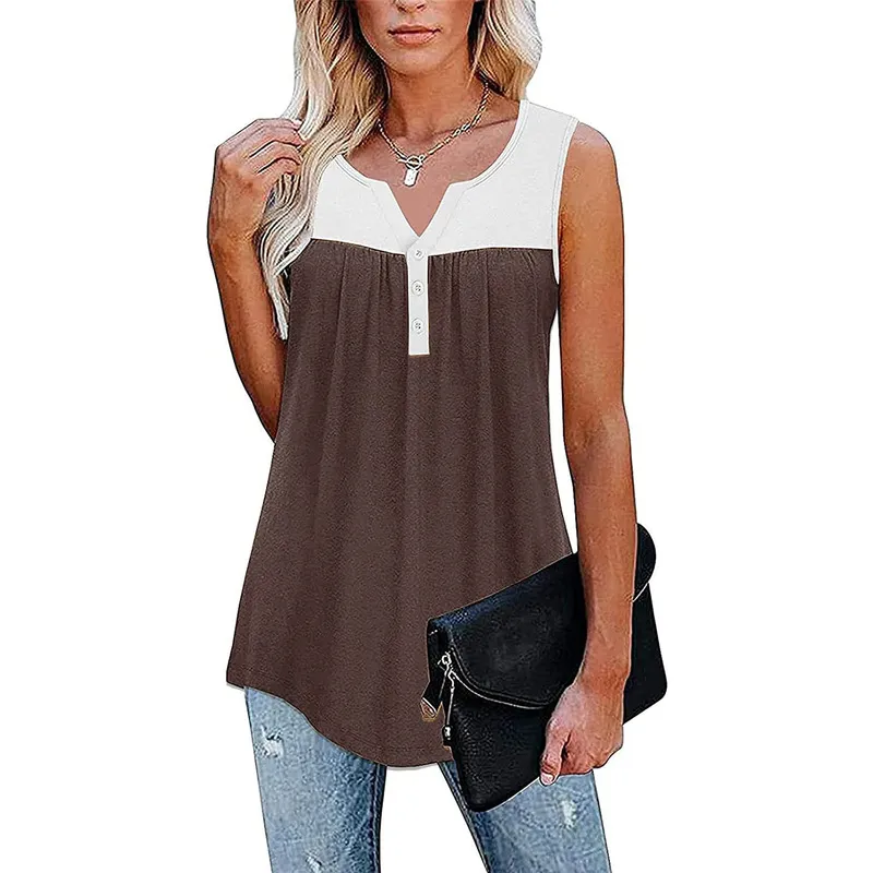 Summer Casual Sleveless T-shirt Women V-Neck Button Stitching Tank Tops Loose Comfortable Pleated Pullover Vest 220325