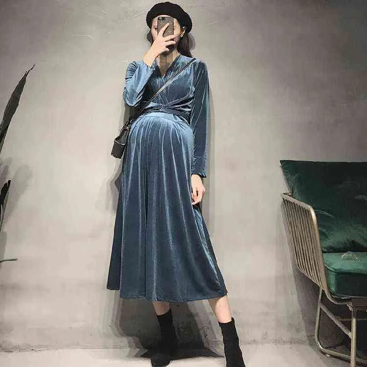 Velvet Mutterschaftskleid Herbst Winter Stylish Chic INS Pullover Kleidung für schwangere Frauen koreanische Modeschwangerschaft G2204186624665