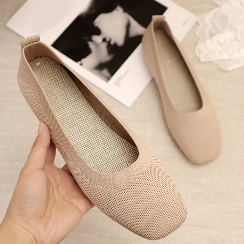 Solid Color Slip On Mesh Loafers Breathable Stretch Ballet Shallow Flats Women Casual Soft Bottom Square Toe Boat Shoes 220507