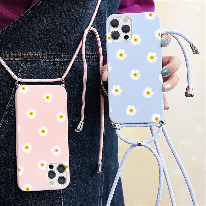 Soft TPU Cases For Xiaomi Poco X3 NFC F3 Mi 10T A3 9T Redmi Note 10 9 8T 8 7 Pro Lite 9S 9A 7A Necklace Lanyard Rope Daisy Cover