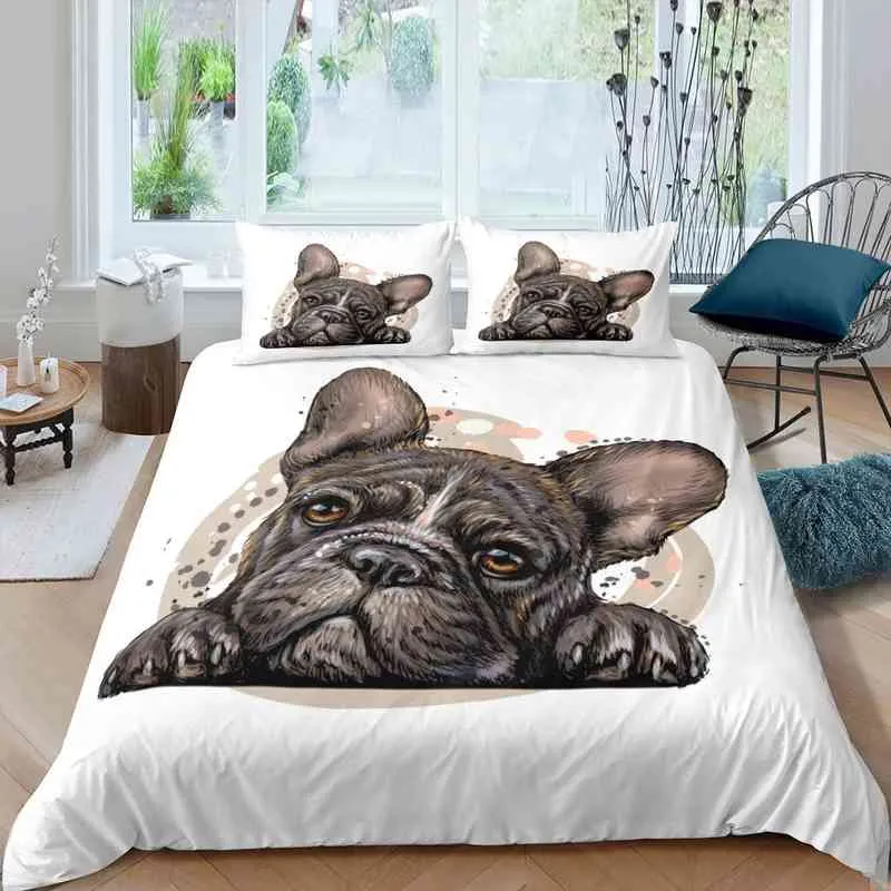 Bulldoggen-Bettbezug-Set, französische Bulldoggen-Bettwäsche, Doppelbettgröße, Schokoladen-Welpen-Haustier-Hundetier-Steppdecke für Hundeliebhaber-Geschenke