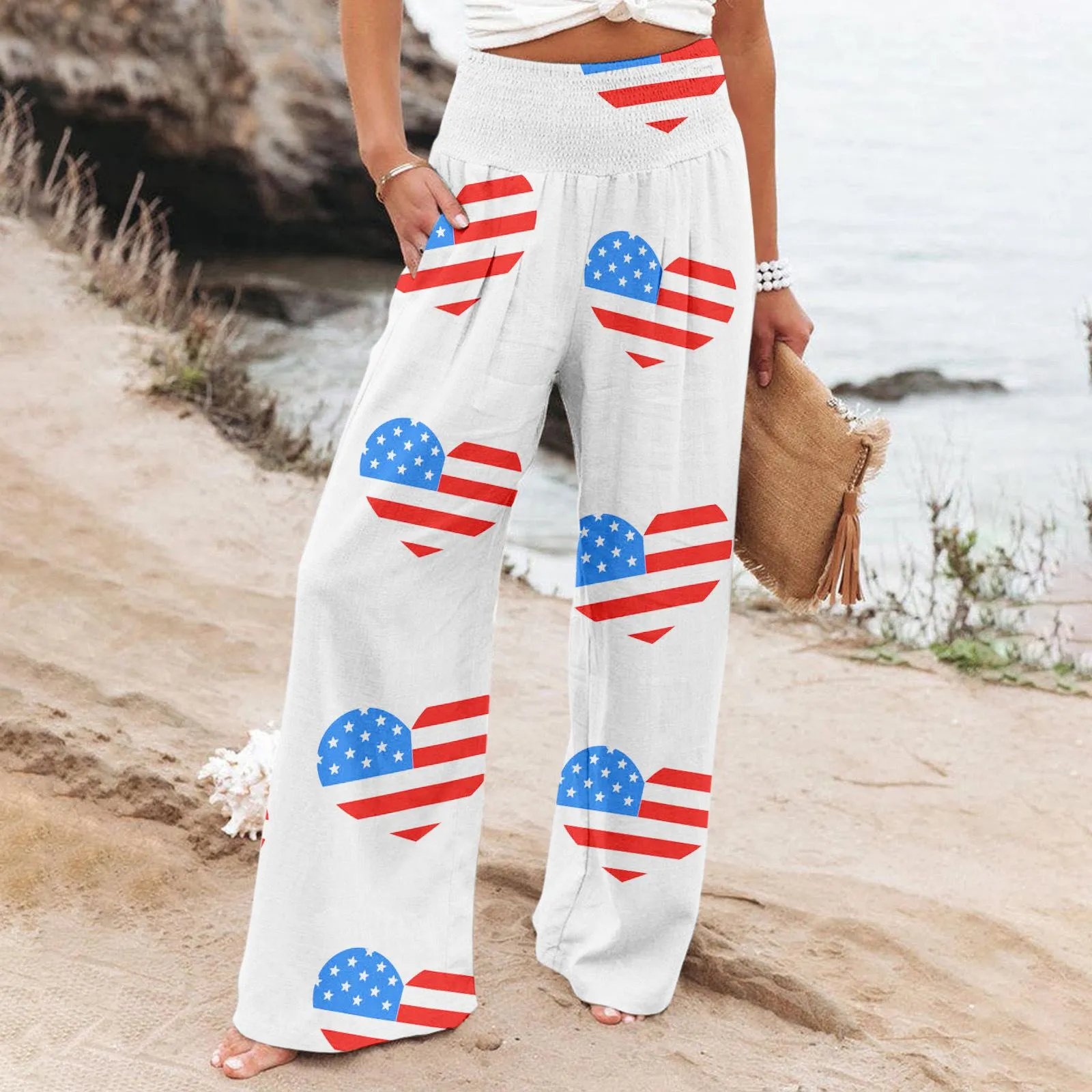 Elastic Fitness Yoga Pants Wide Leg Pants Trousers Independence Day Tie-dye Printed Slacks Spring Long Casual Baggy