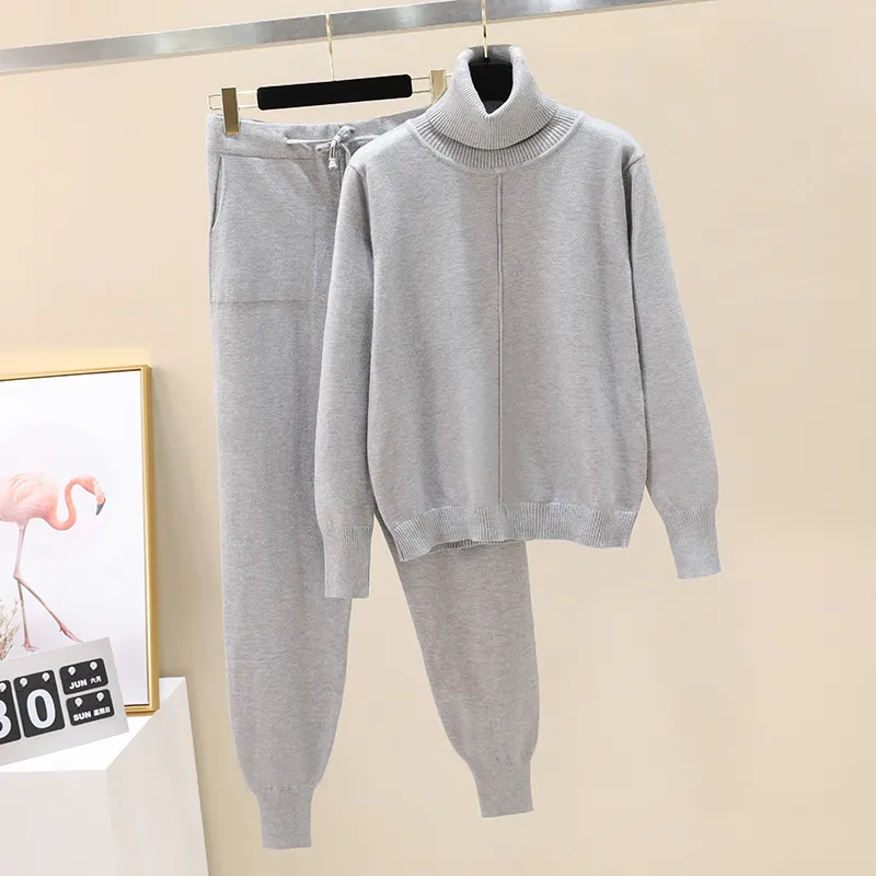 Autumn Winter Casual Women's Knitted Suit Solid Plus Size Turtleneck Pullover Sweater Knit Pants Two-Piece Set Female Outfits 220315