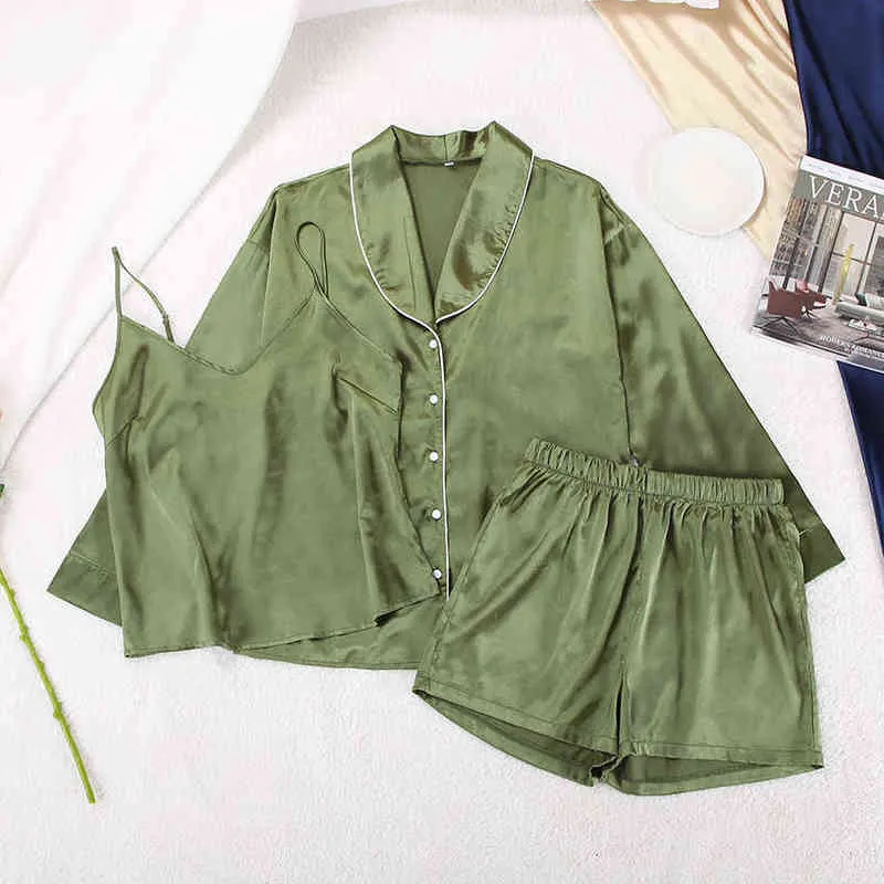 Hiloc Solid 2022 Nightwear Suits With Shorts Spaghetti Band Women Pyjamas Satin Nightwear Set Woman Spring Loungewear L220803