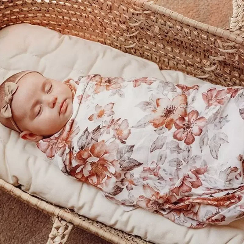 Kwiaty Baby Swaddle Orywa koców Ketów Ketów Przedszkole Bedeling Ręcznik niemowlęcia Zatrzymana szmatka z Bowknot Pałąk na głowę /Zestaw