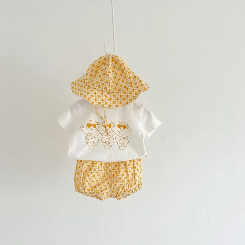 Summer Baby Short Sleeve Clothes Set Kids Girl Cute Bear Print T Shirt Shorts Hat Set Infant Boy Outfits Suit 220608