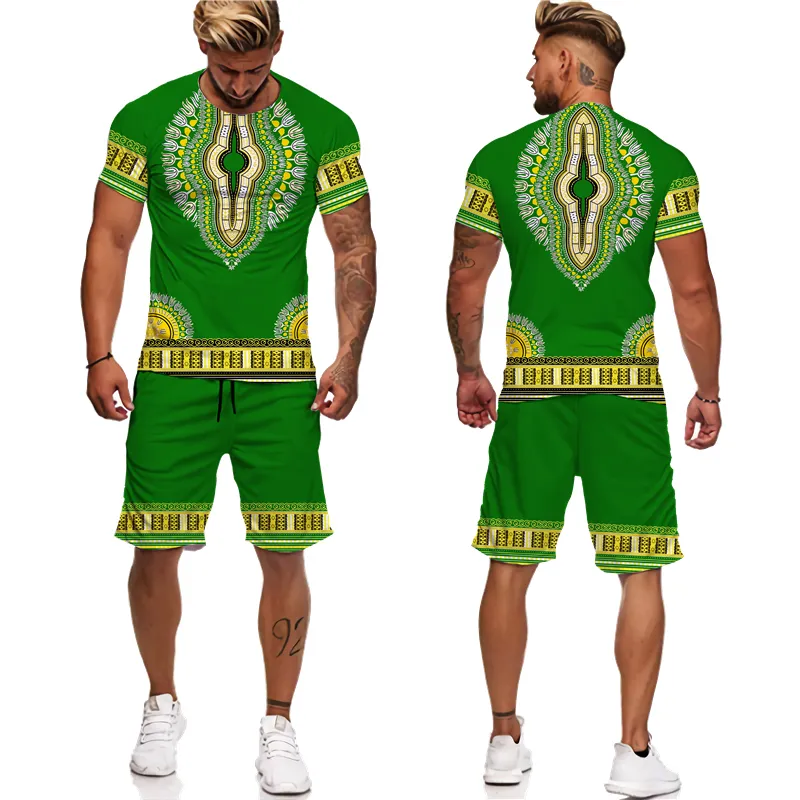 Été coloré africain Dashiki t-shirt pantalon costume décontracté impression 3D ethnique folk-personnalisé mâle 2 pièces ensemble de survêtement à manches courtes 220615