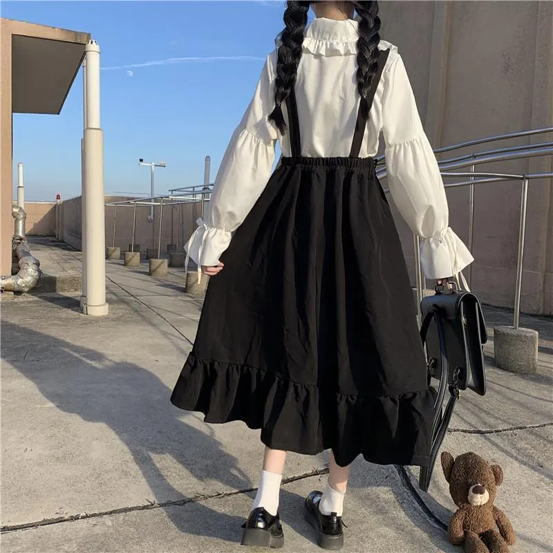 Houzhou gothic lolita lång kjol kvinnor hajuku ruffle rem svart hög midja mjuk flicka japanska kawaii streetwear sommar 220317