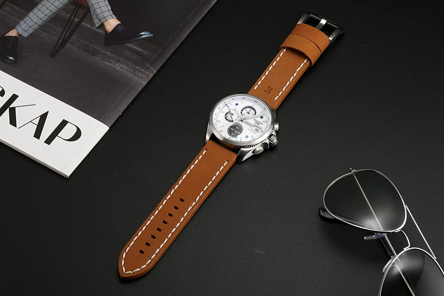 Relógio casual masculino pulseira de couro luminosa impermeável safira data automática multifuncional cronógrafo quartzo watch292s