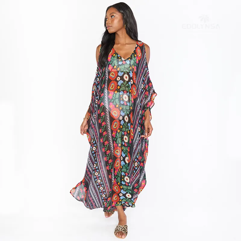 Bohemian Printed V-neck Off the Shoulder Dress Plus Size Kaftan Robe Moroccan Kaftan Tunic Summer Women Beachwear Q1352 220510