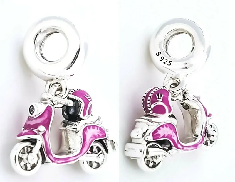 Pink Scooter Dangle Charm 925 Silver Pandora Charms for Bracelets DIY Jewelry Making kits Loose Bead Silver Enamel & Clear CZ 791057C01