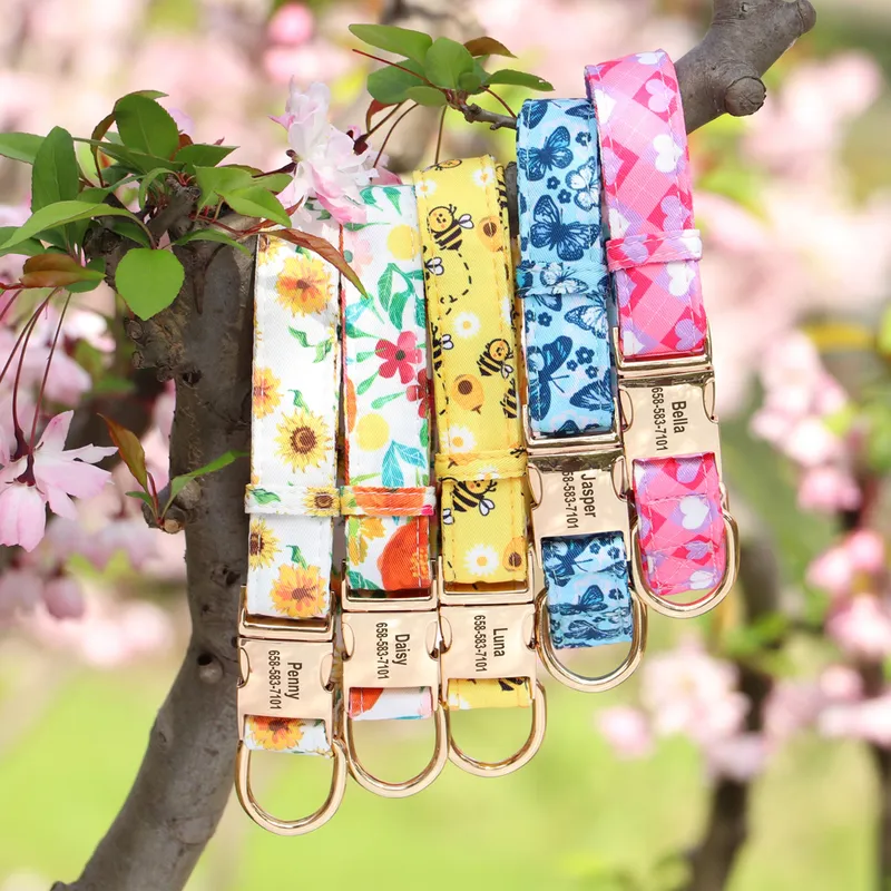 Floral Printed Custom Personalized Adjustable Nylon Pet Nameplate ID Tag Collar Metal Buckle For Small Large Dogs 220630