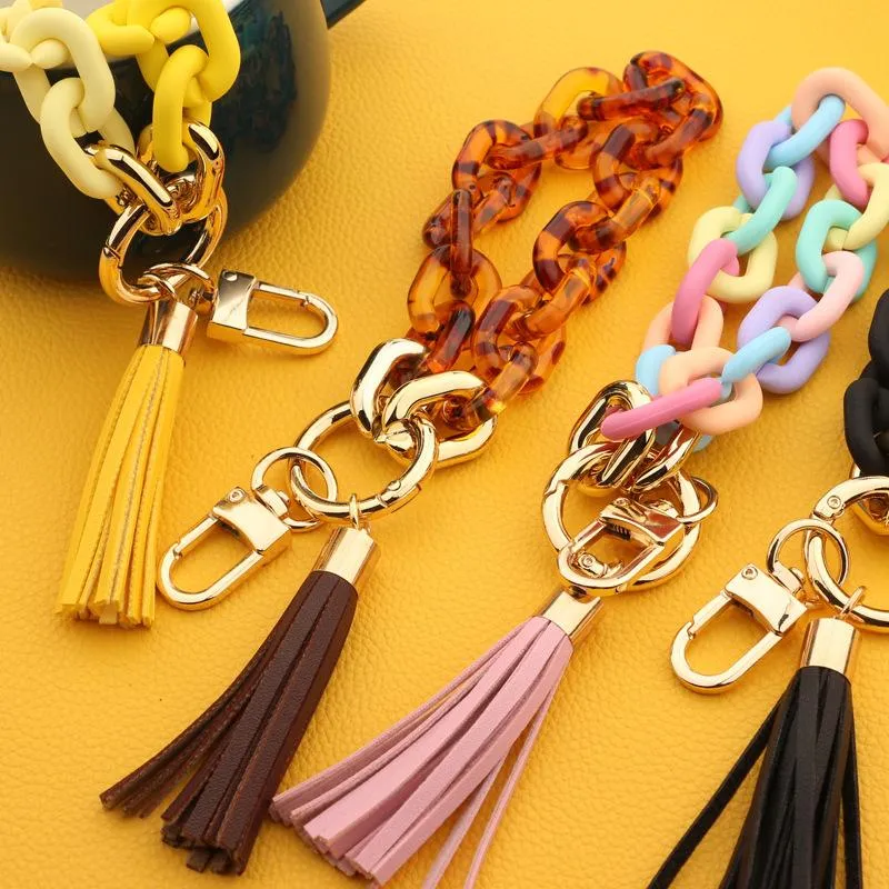 Pop Keychains Key Rings Fashion Jewelry Women Accessories Wristlet Bangle Bracelets Acrylic Link Chain Leather Tassel Phone Charms Bag Pendant Car Keyrings