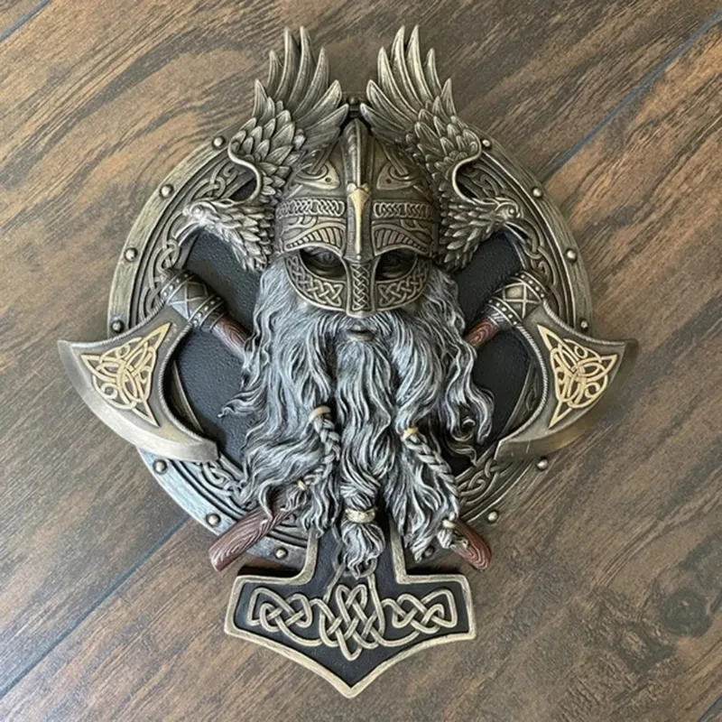 95AA Viking Berserker Double Axe Plaque Resin Statue Ornament Vintage Warrior Valhalla Sculpture Figurine Wall Decoration for 220711