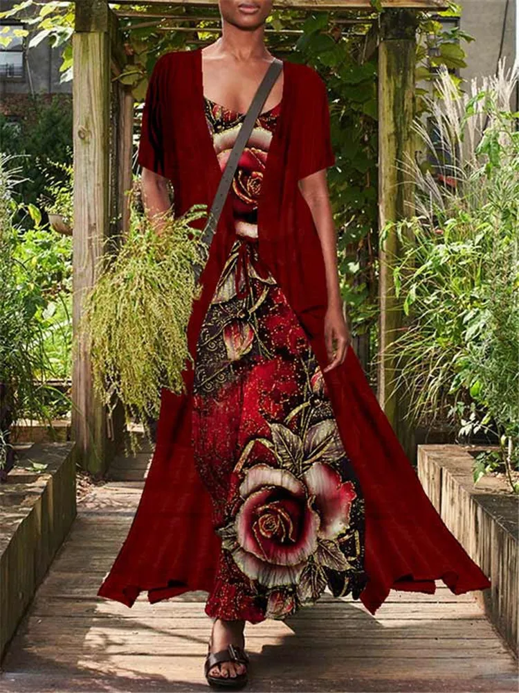 Chinese stijl zomer maxi jurken voor vrouwen massief vest sjaal en bloemenprint riem maxi jurk plus size robe 220516