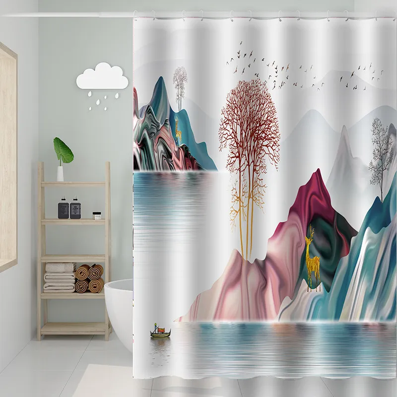 Peinture de paysage moderne, doublure de rideau de douche drôle, tissu d'élan imperméable, bain avec crochets, décor de salle de bains 220429