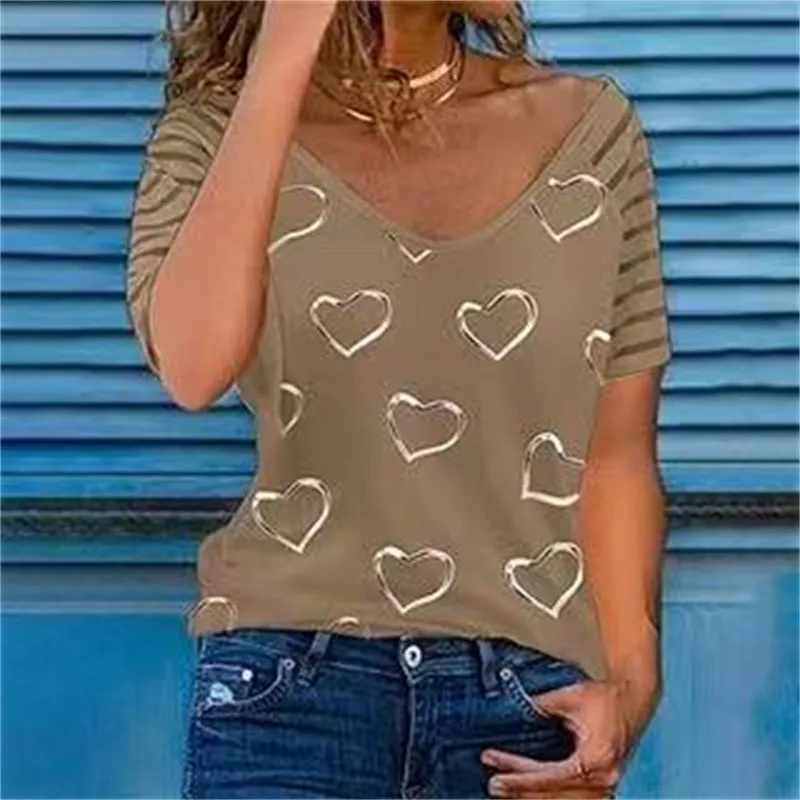 Top donna cuore stampato manica corta abiti gotici sexy scollo a V 4XL 5xl tunica oversize donna camicie bianche Blusas 220801