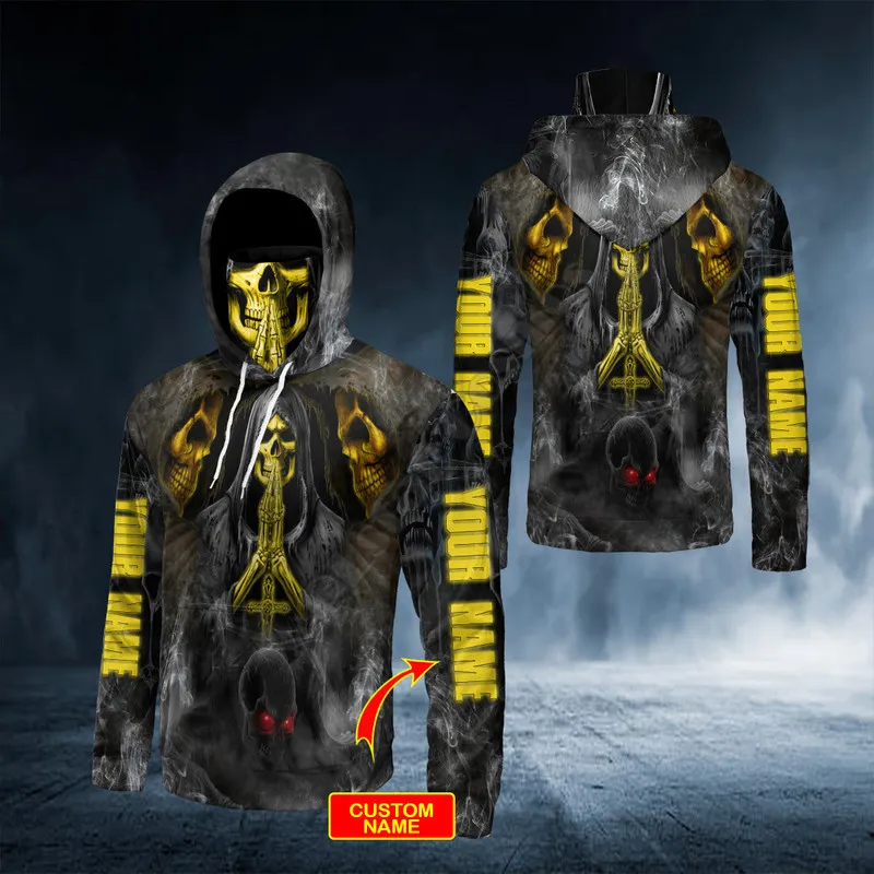 Death Biding Grim Reaper Skull Custom Name 3D Gedrukte Bandana Hoodie Us Size Vrouwen voor mannen Casual pullover Mask Warm 220713