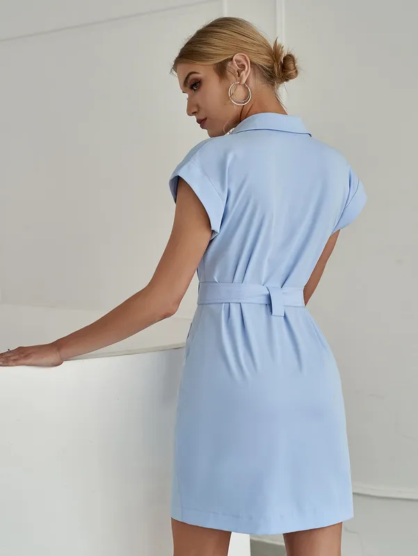 BerryGo élégant été chemise robe à manches courtes robe de bureau femmes simple boutonnage ceinture mini robe bleu poche travail vestido 220705