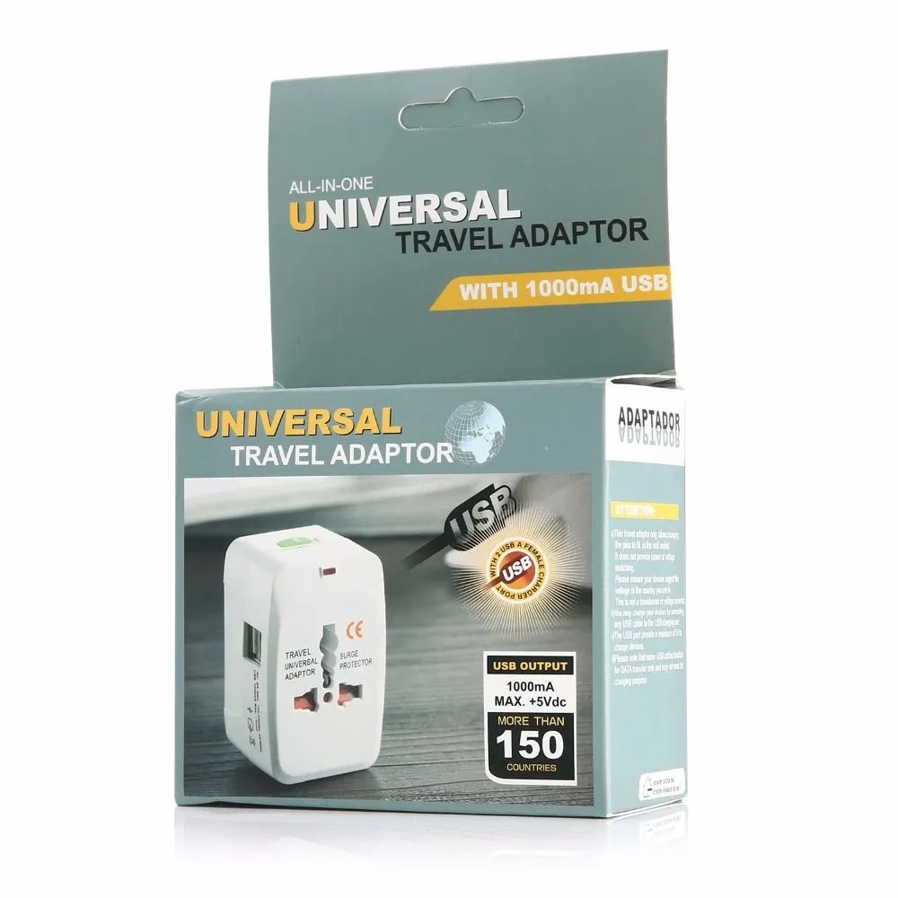 Adaptador internacional universal, todo en uno, cargador de pared de alimentación de CA para viaje, 2 puertos USB para UE, EE. UU., Reino Unido, AU, enchufe convertidor con paquete minorista