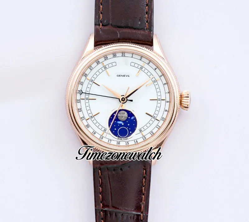 EWF CELLINI MOUNPHASE 50535 A3195 Automatyczna męska zegarek Rose Gold White Dial Real meteoryt brązowy skórzany super edycja ta sama seria286U