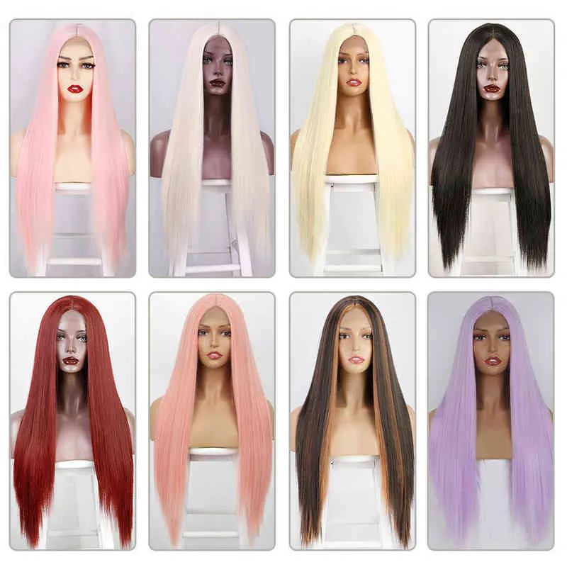 I's a Wig Synthetic Long Straight Pink Coplay for Women Blonde Black Red Orange Middle Part 220622