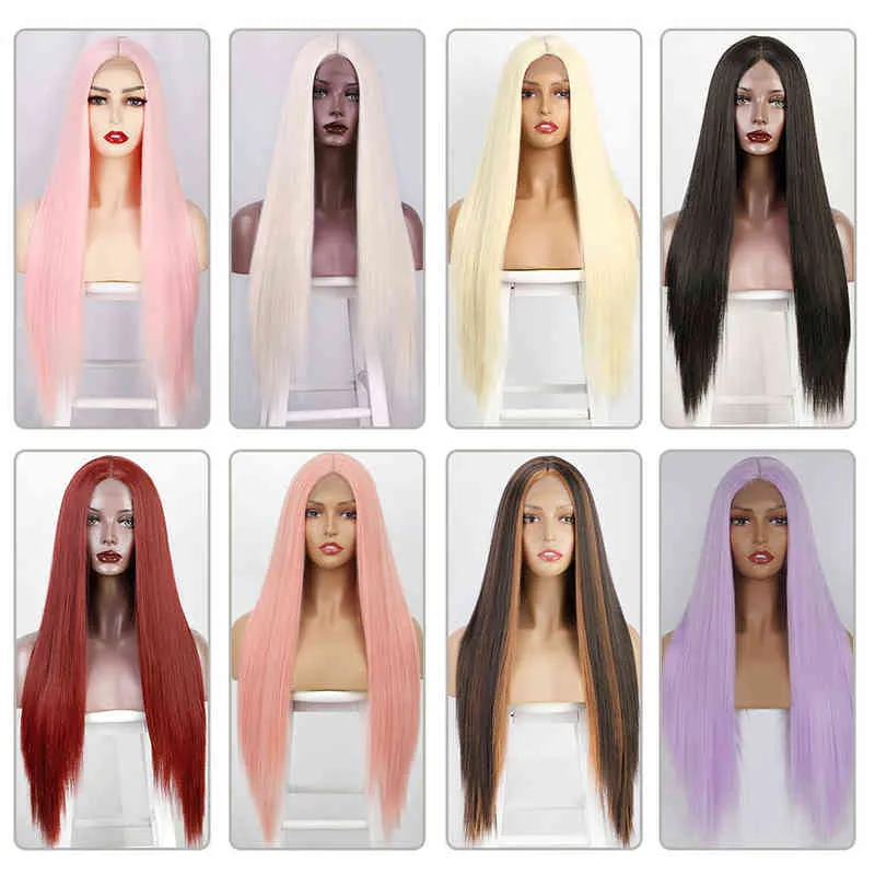 I's a Wig – perruque synthétique longue et lisse, rose, Coplay pour femmes, Blonde, noire, rouge, Orange, partie centrale, 220622