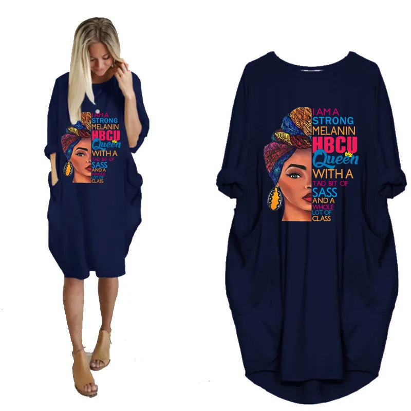 Autumn Fashion African Dress For Women Pocket Black Beatiful Letters Print T -shirt Jurken Plus Size Midi Robe Femme 226014