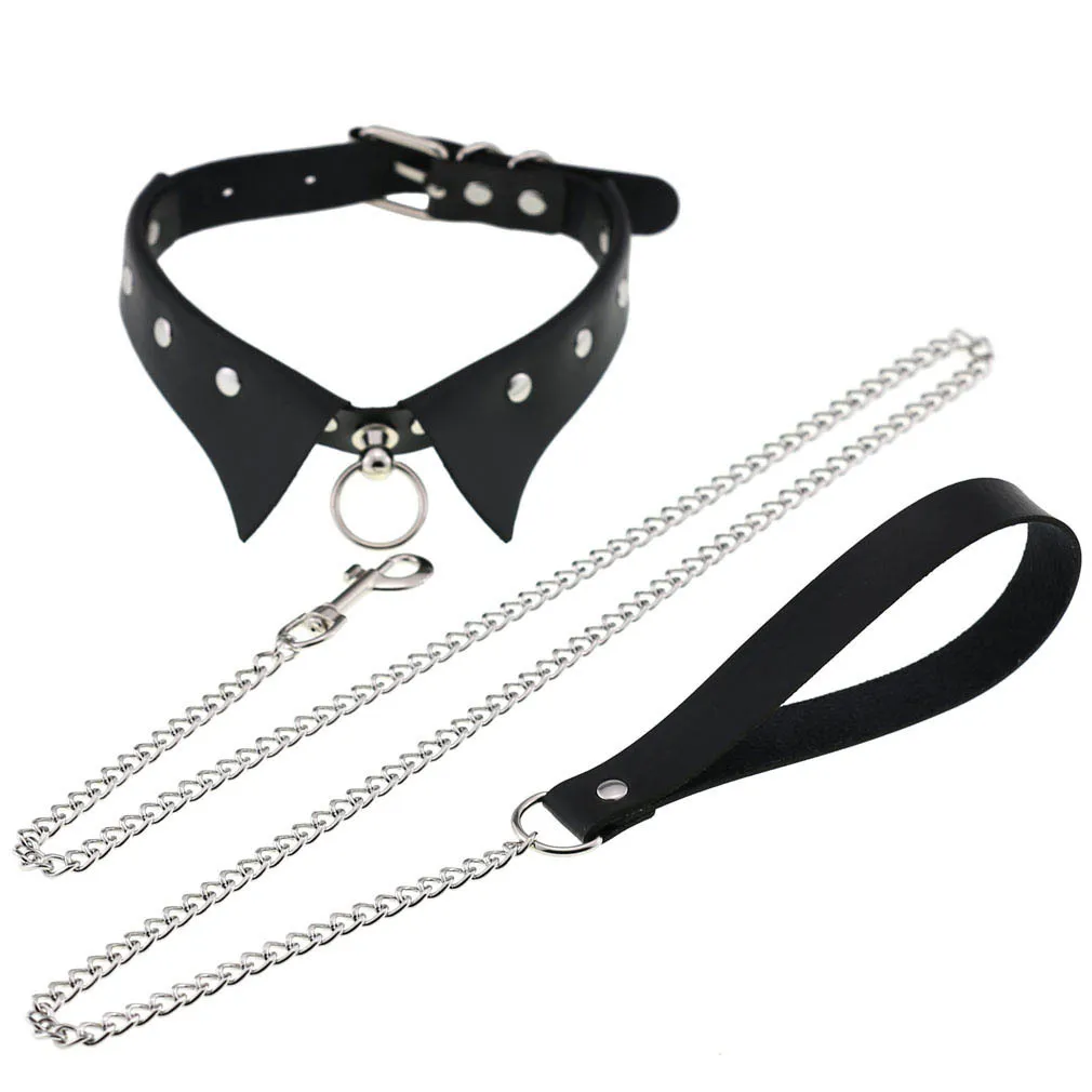 Exotiska tillbehör av BDSM Slave Bondage Leather Collar med koppel Ring Steel Chain Sexiga leksaker till Lover Rollplay Placure Spreader