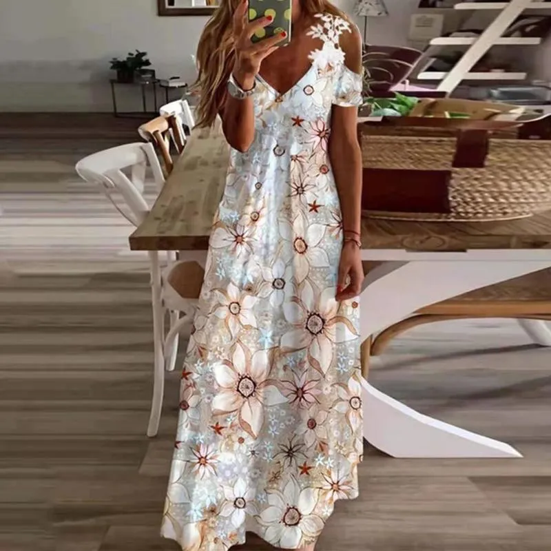 Frauen Sommer Kleid Böhmischen Maxi Dres Aushöhlen Kurzarm A-Line Kleid Frauen Knöchel Länge Strand Robe vestidos de fiesta 220601