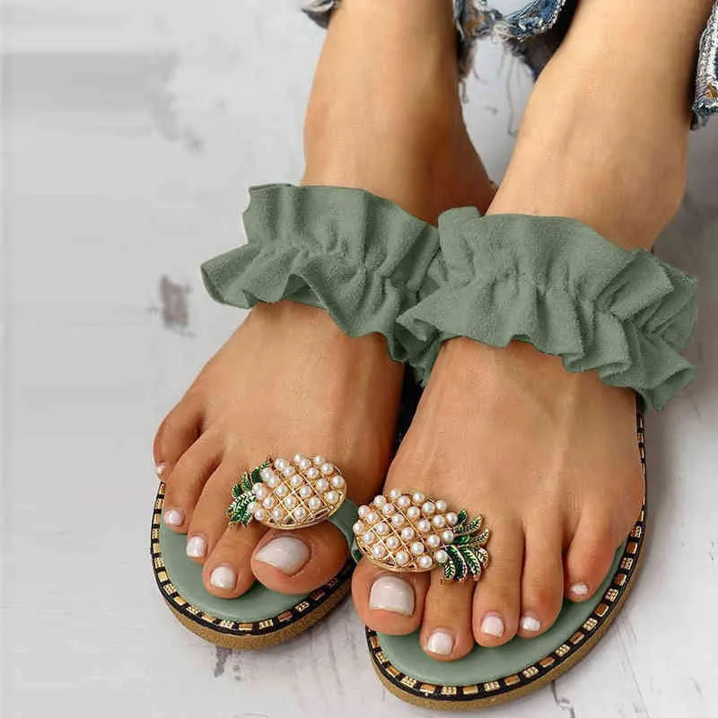 Zapatos de mujer Casual Pearl Beach Sandalias planas Moda Diapositivas antideslizantes 2022 Zapatillas de verano Ladies Home Flip Flops Calzado femenino Y220412