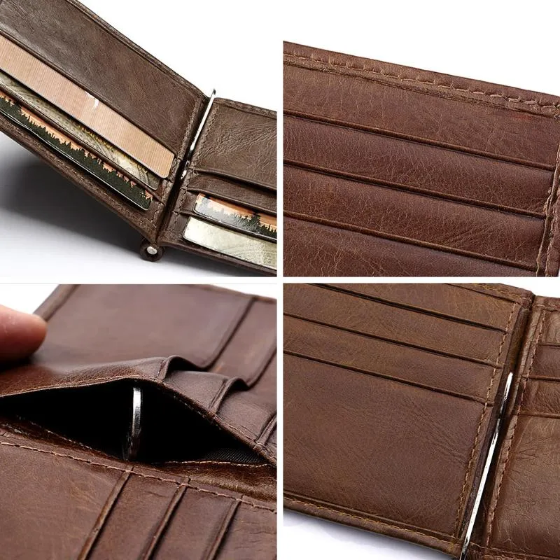 Brieftaschen Echtes Leder -Männer Vintage Money Clip Männlicher BIFOLD -Geldbeutel einfach