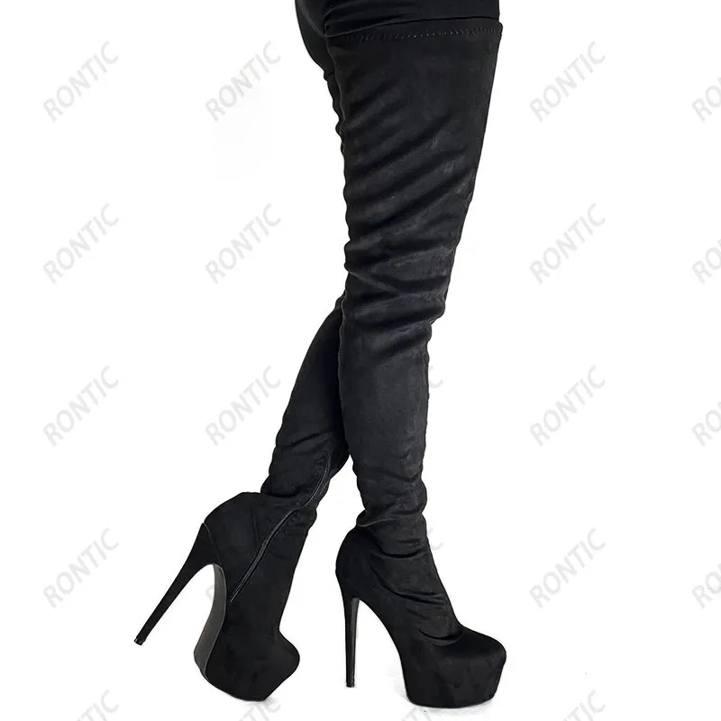 Rontic Women Spring Stretch Botki Udrza Platforma Faux Suede Side Zipper Stiletto Obcasy Okrągłe Toe Black Casual Buty US Rozmiar 5-20